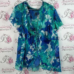 Penningtons contempo blouse ruffles floral pleated Blue Green Floral Blouse